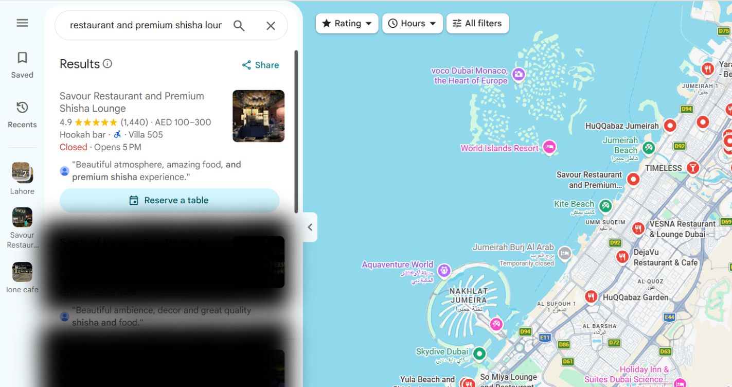 Google map pack showing top 3 restaurants in Dubai